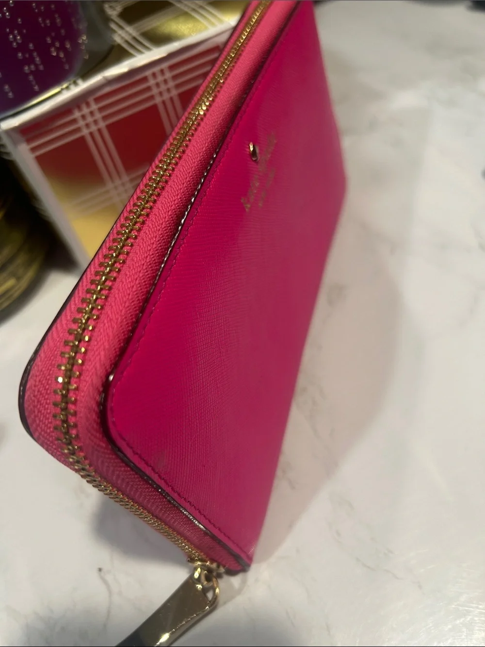kate spade bright fuchsia zip-around wallet with gold logo
